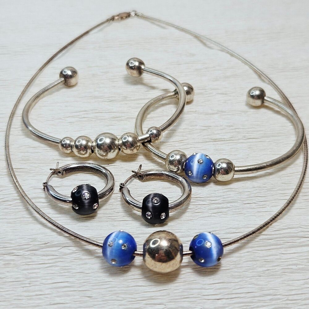 Sterling Omega Necklace 2 Cuff Bracelets Hoop Earrings Italian 925 44grams